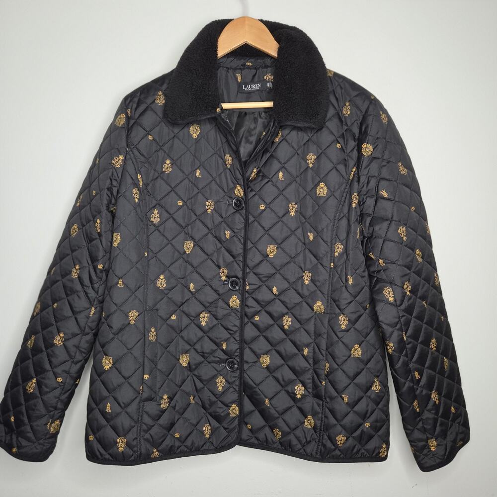 Lauren Ralph Lauren Womens XL Quilted Jacket Black Gold Logo Crest Sherpa Collar